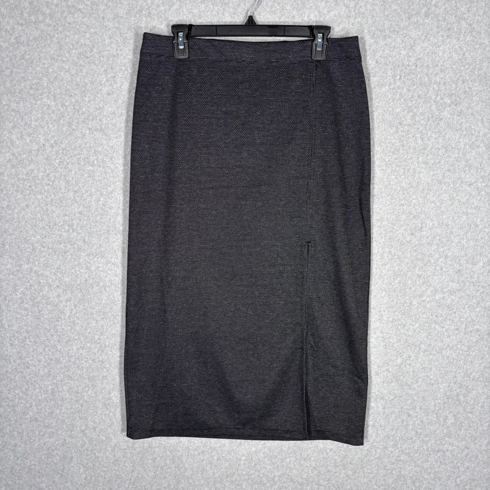 Max Studio Knit Midi Pencil Skirt Large Gray Tweed Print Front Slit Neutral